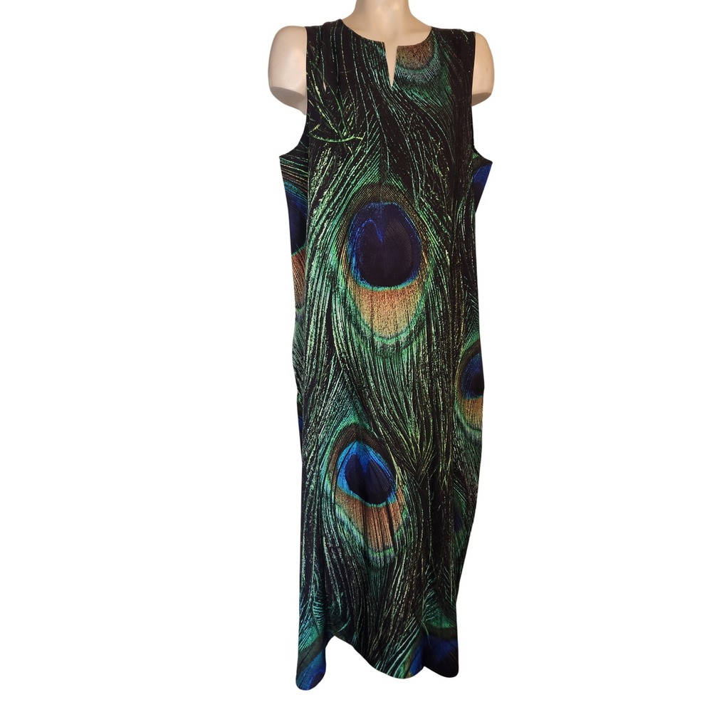 Unbranded Peacock Feather Print Sleeveless Maxi Shift Dress Green Blue 1X momcor